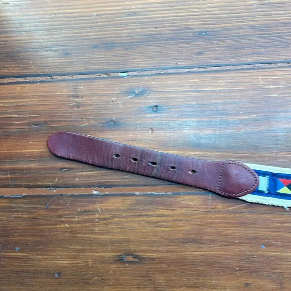 Webbing nautical flag leather detail brass buckle belt sz 40